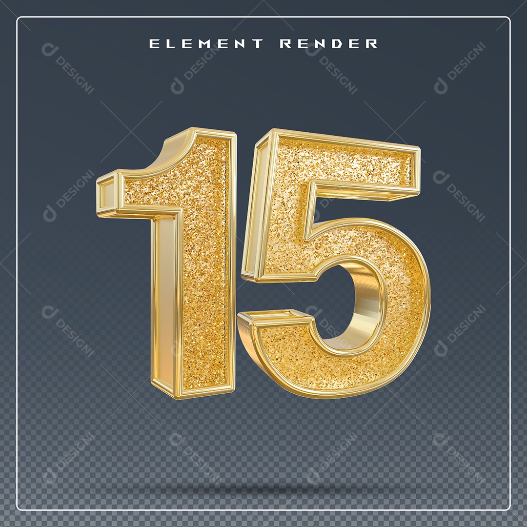 Elemento 3D Número 15 Dourado para Composição PSD