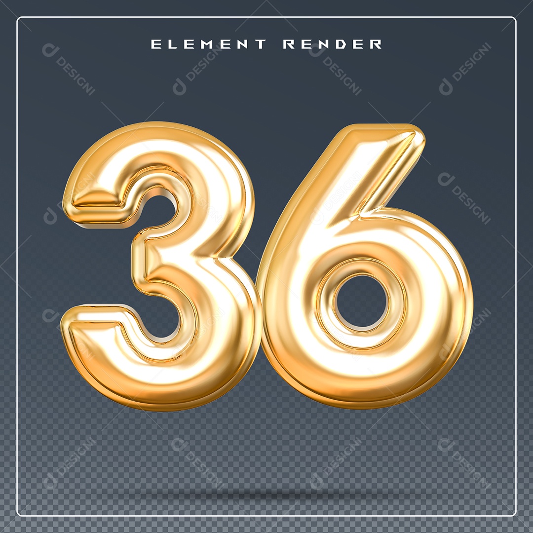 Elemento 3D Número 36 Dourado para Composição PSD