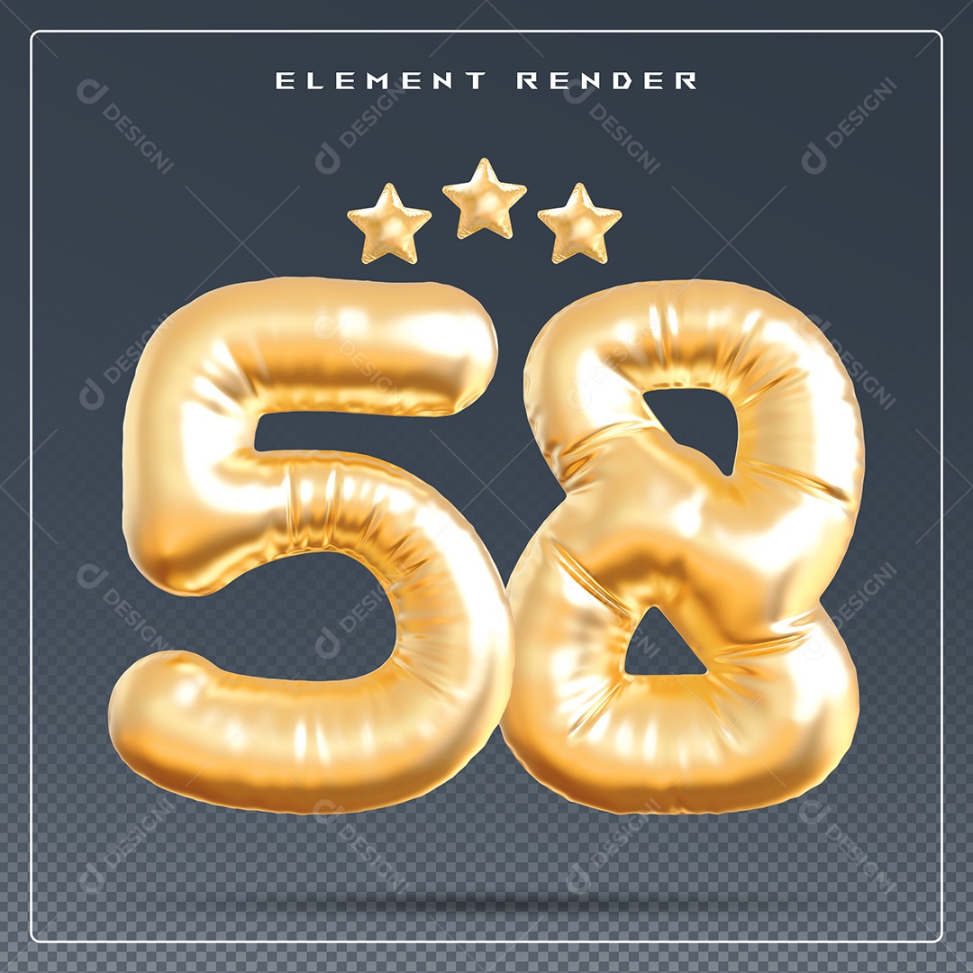Elemento 3D Número 58 Dourado para Composição PSD