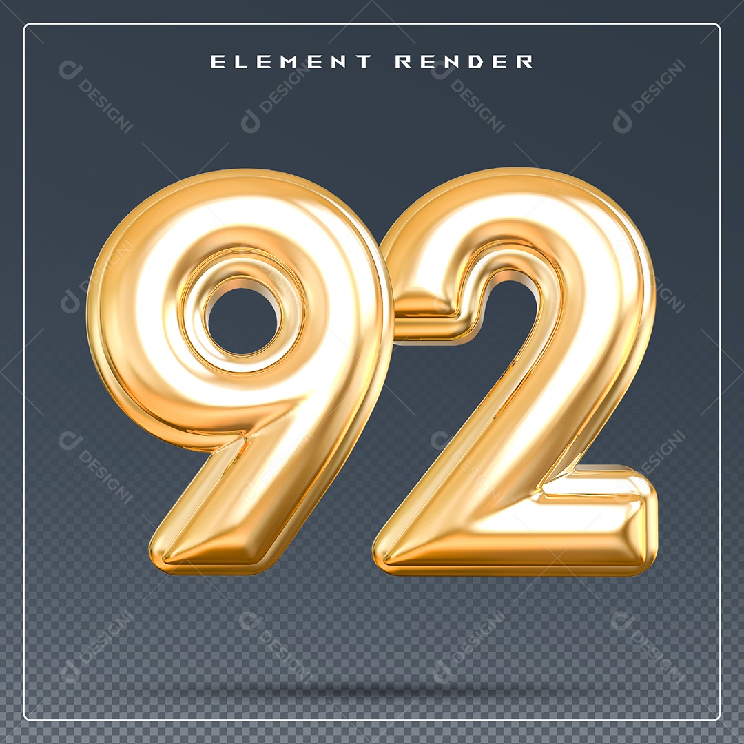 Elemento 3D Número 92 Dourado para Composição PSD