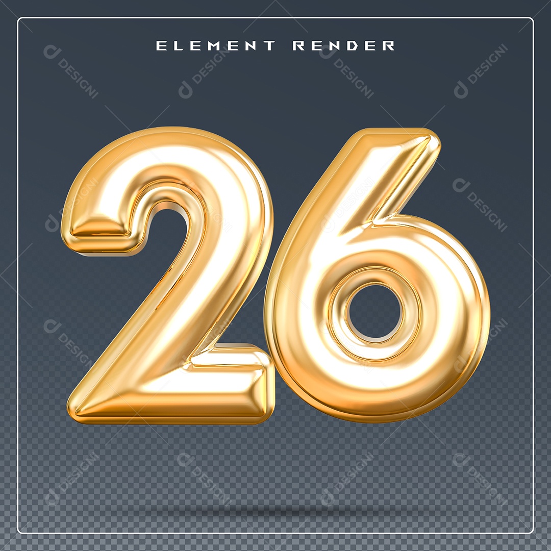 Elemento 3D Número 26 Dourado para Composição PSD