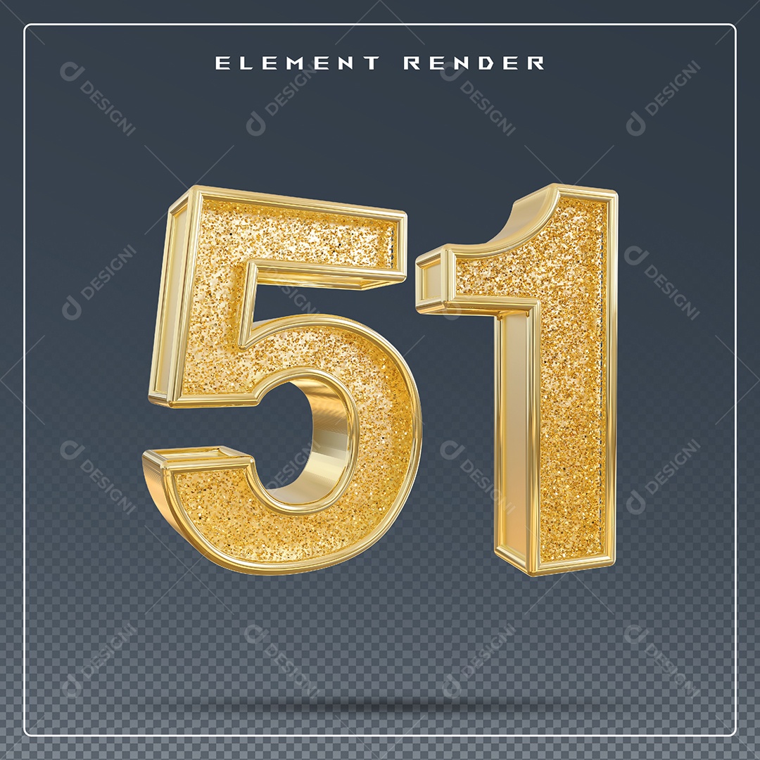 Elemento 3D Número 51 Dourado para Composição PSD