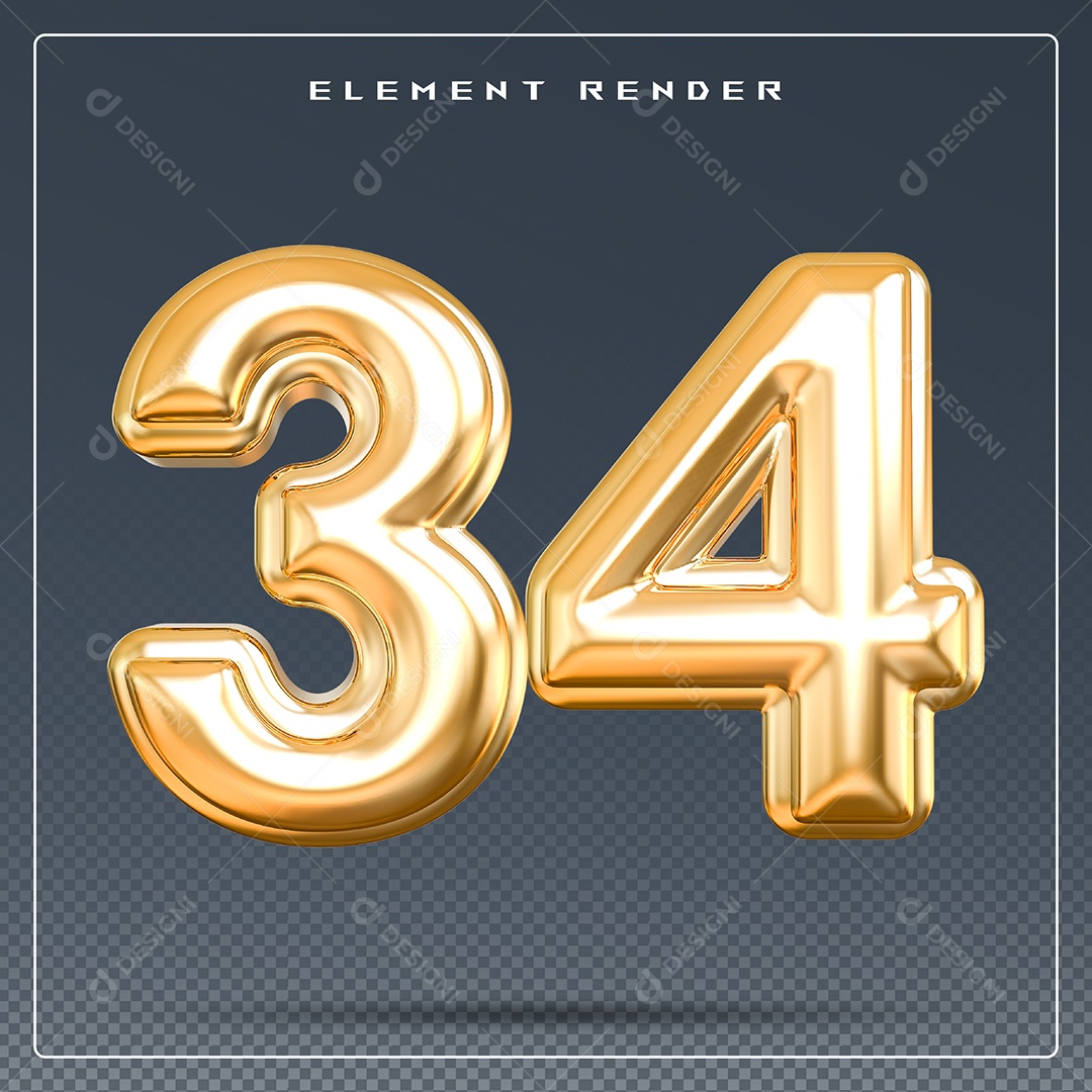 Elemento 3D Número 34 Dourado para Composição PSD