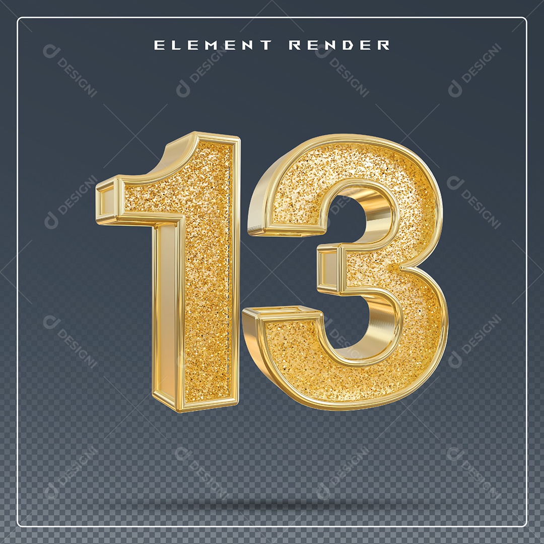 Elemento 3D Número 13 Dourado para Composição PSD