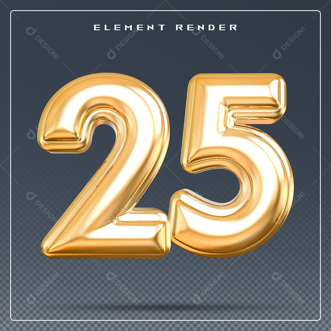 Elemento 3D Número 25 Dourado para Composição PSD