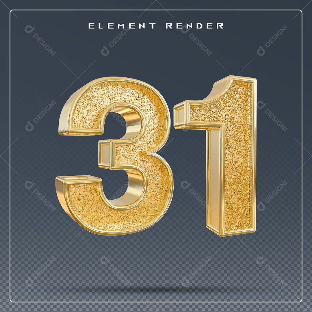 Elemento 3D Número 31 Dourado para Composição PSD