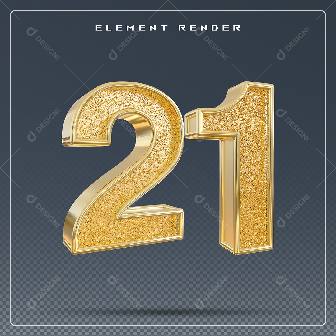 Elemento 3D Número 21 Dourado para Composição PSD