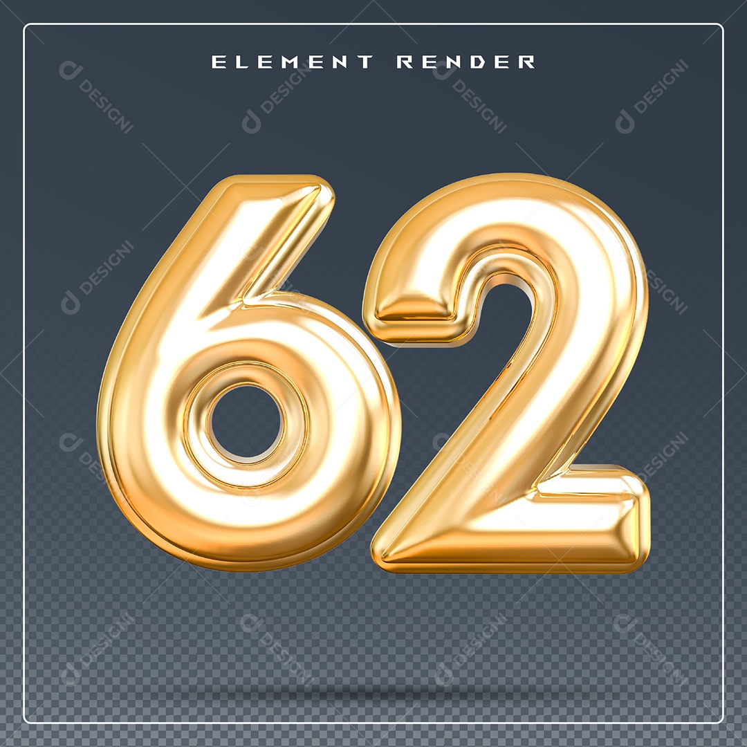 Elemento 3D Número 62 Dourado para Composição PSD
