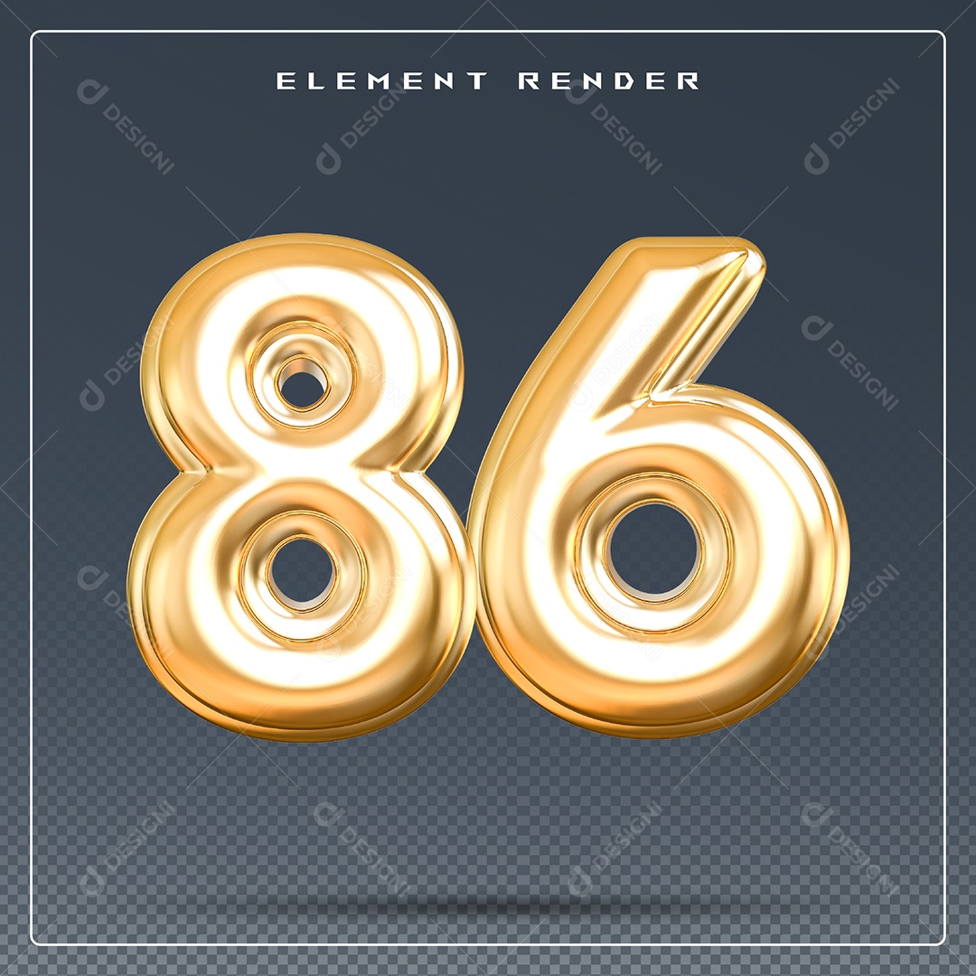 Elemento 3D Número 86 Dourado para Composição PSD