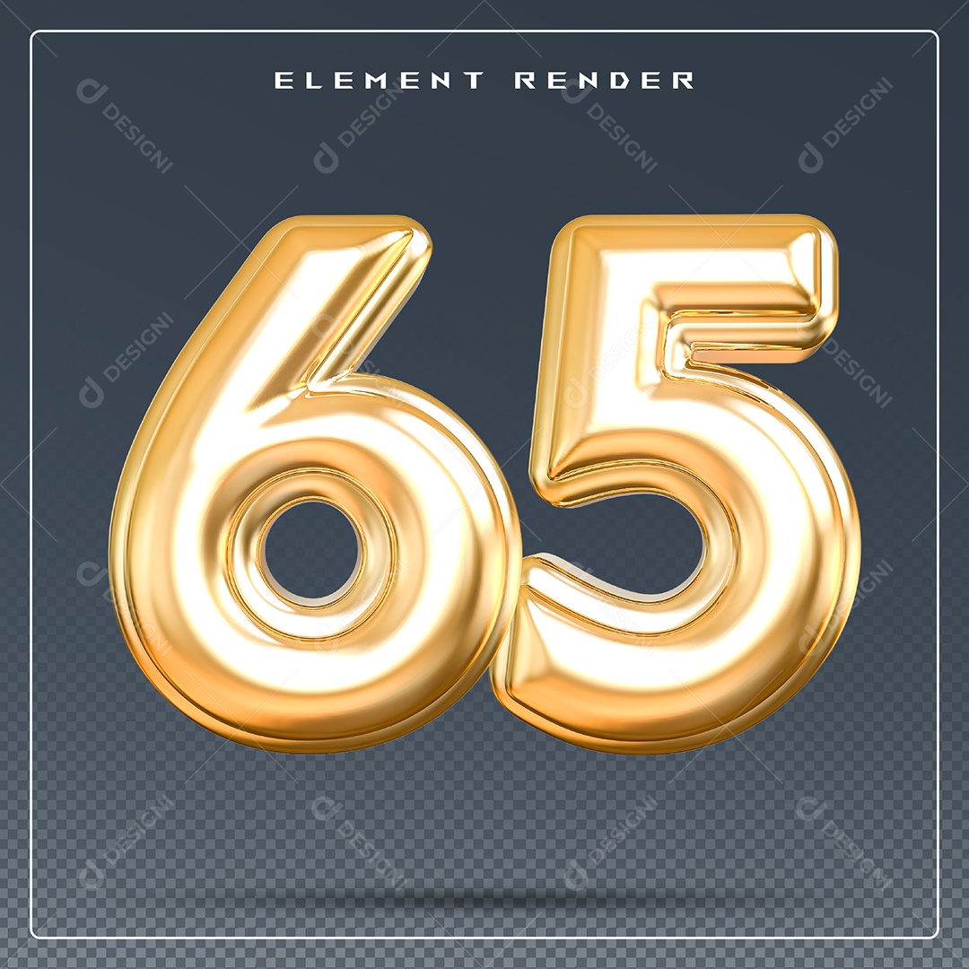 Elemento 3D Número 65 Dourado para Composição PSD
