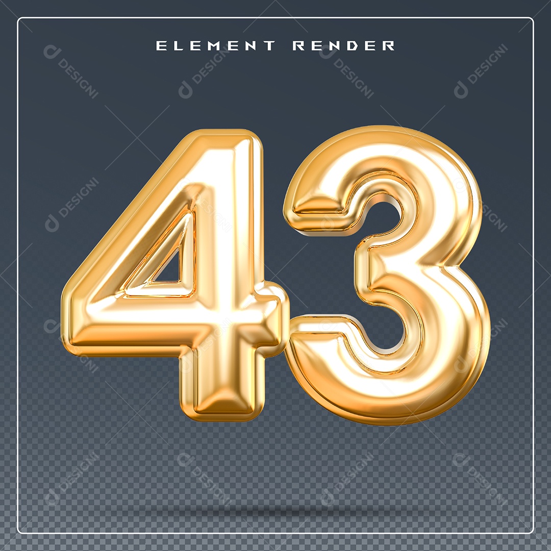 Elemento 3D Número 43 Dourado para Composição PSD