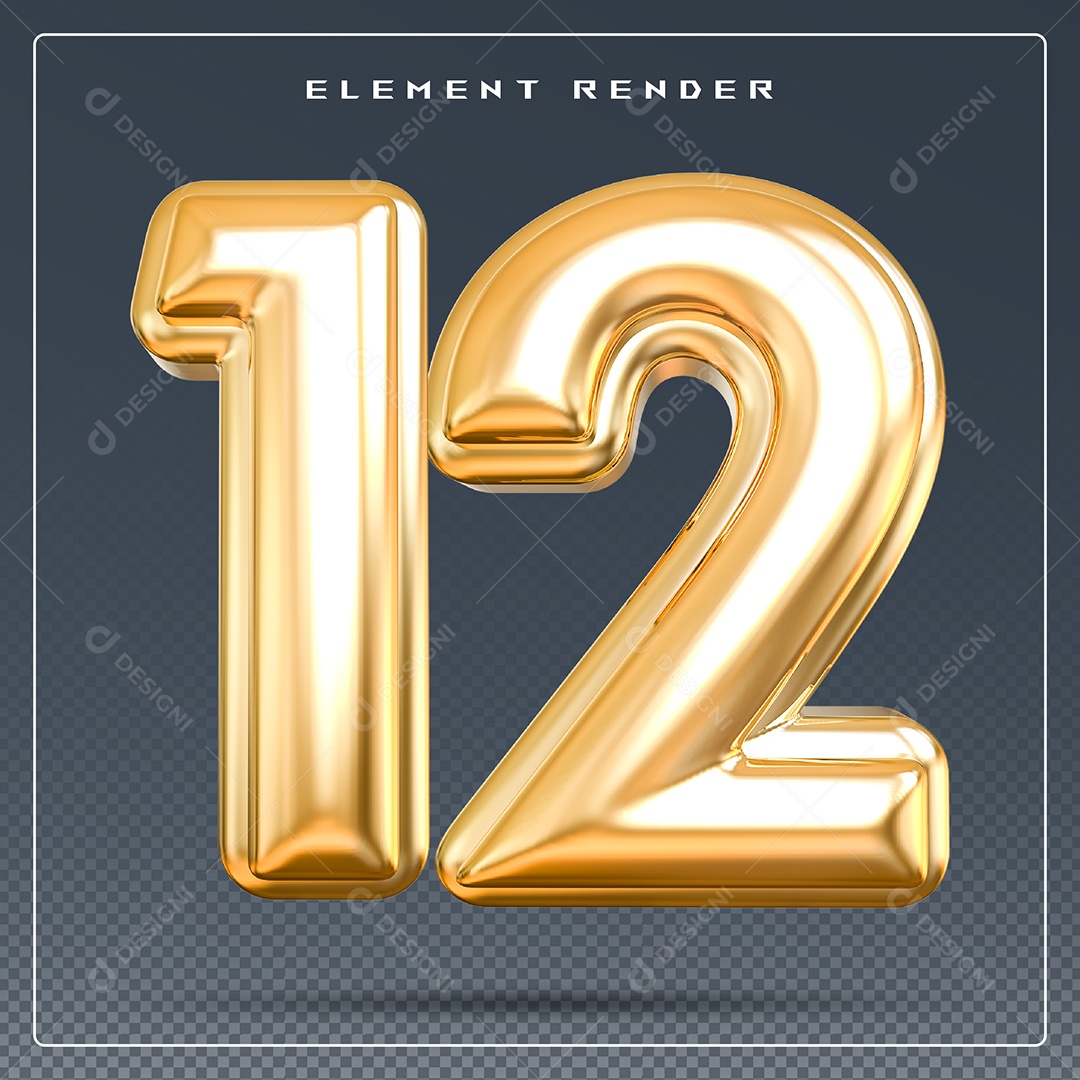 Elemento 3D Número 12 Dourado para Composição PSD