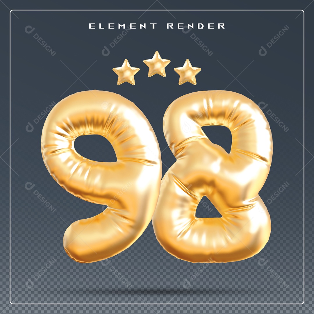 Elemento 3D Número 98 Dourado para Composição PSD