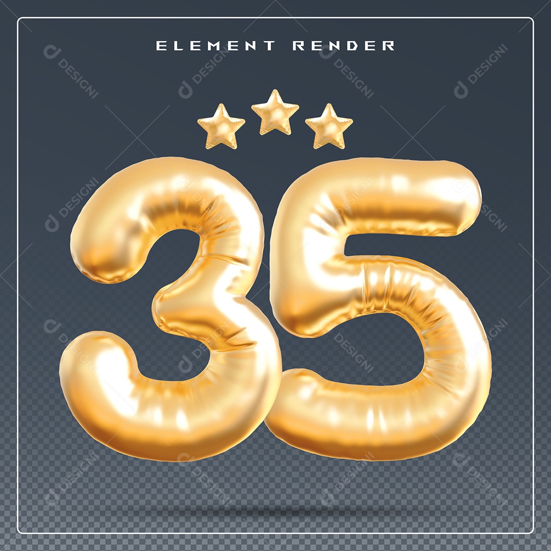 Elemento 3D Número 35 Dourado para Composição PSD