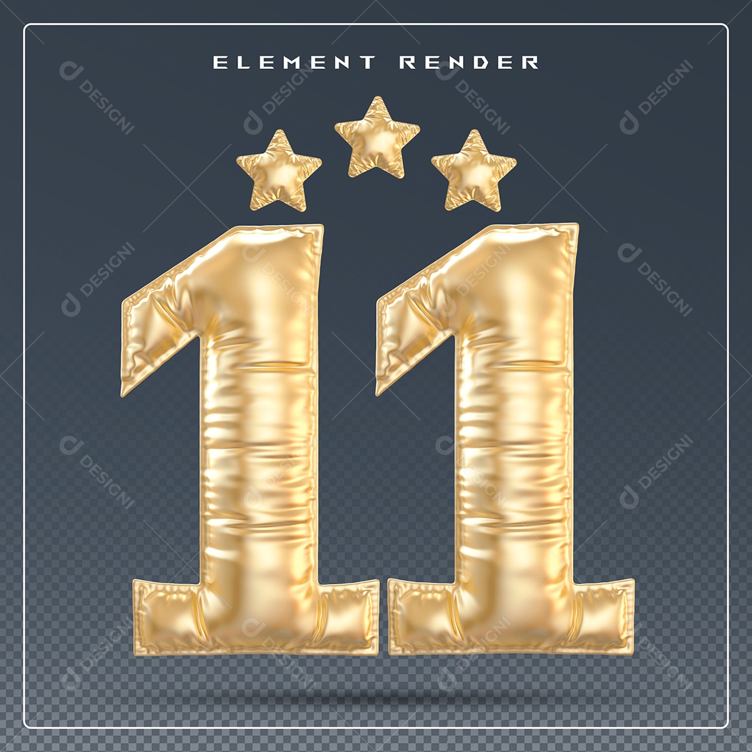 Elemento 3D Número 11 Dourado para Composição PSD