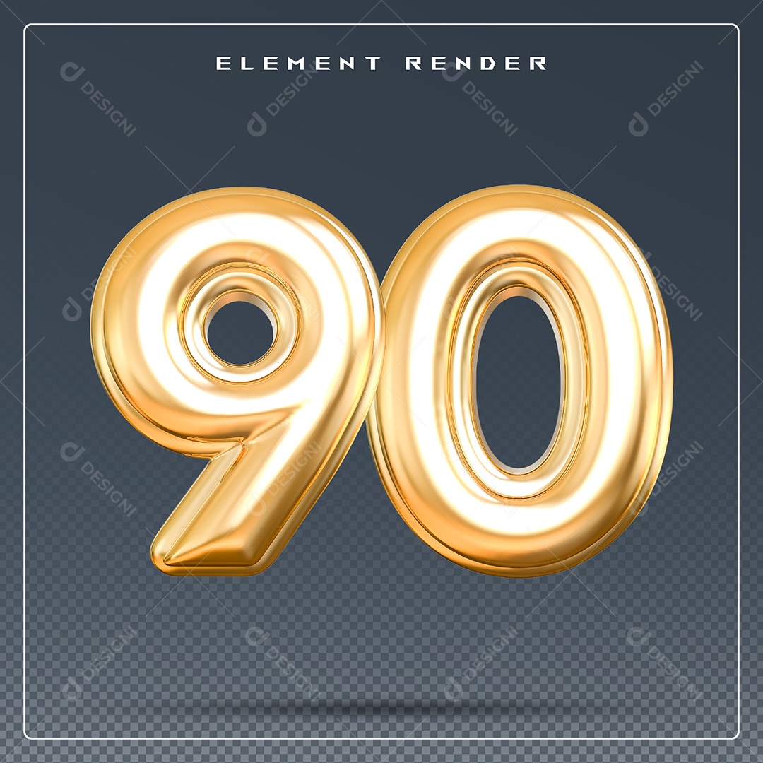 Elemento 3D Número 90 Dourado para Composição PSD