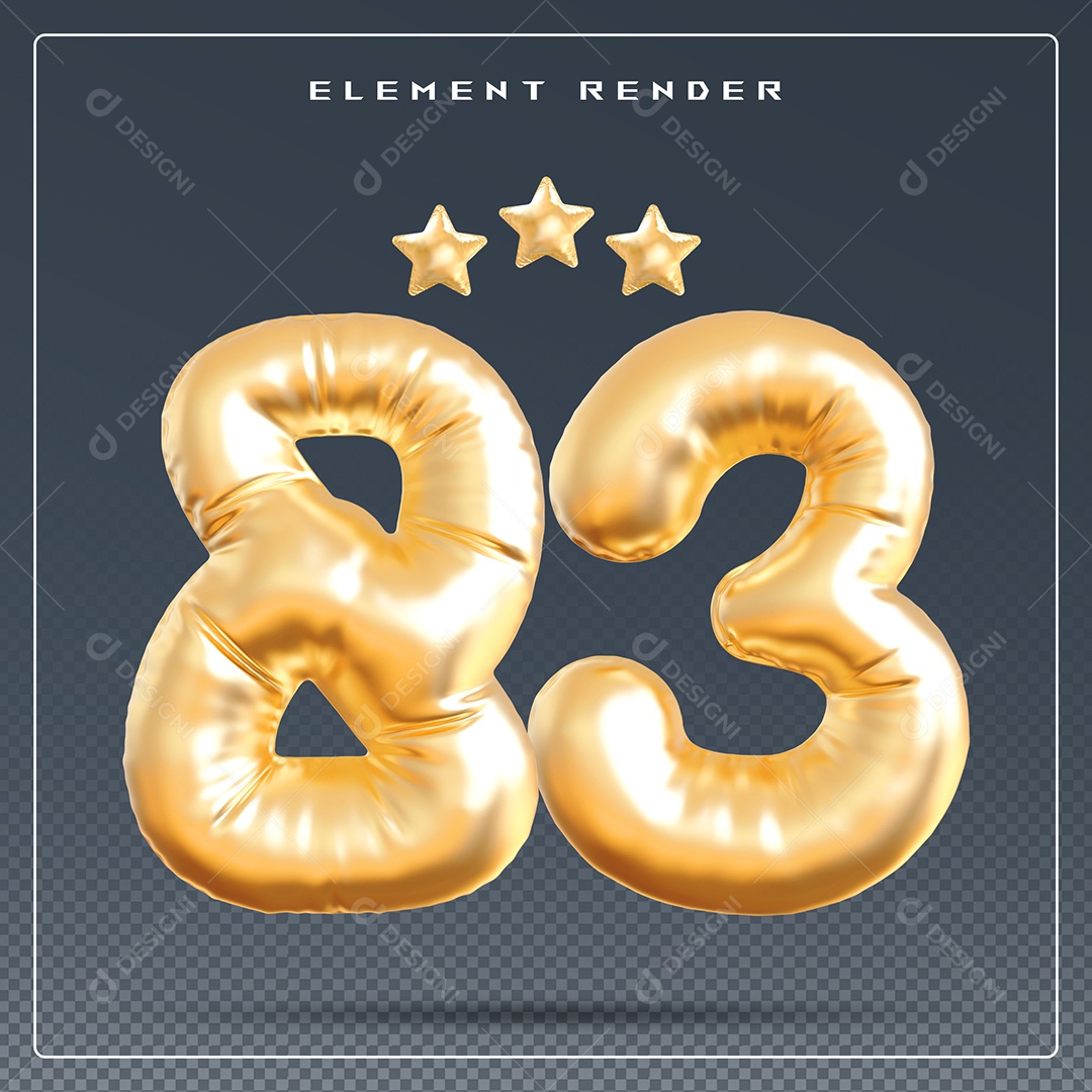 Elemento 3D Número 83 Dourado para Composição PSD