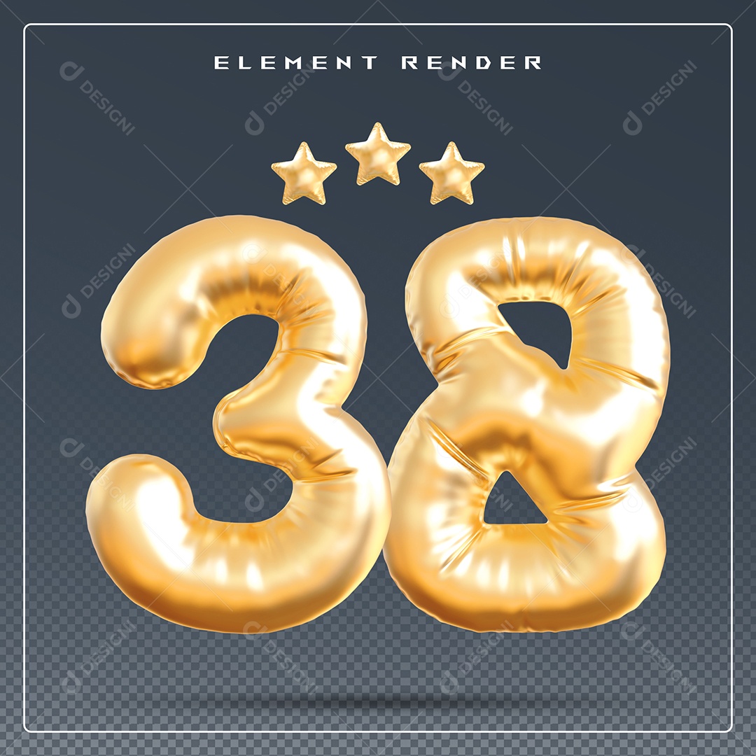 Elemento 3D Número 38 Dourado para Composição PSD