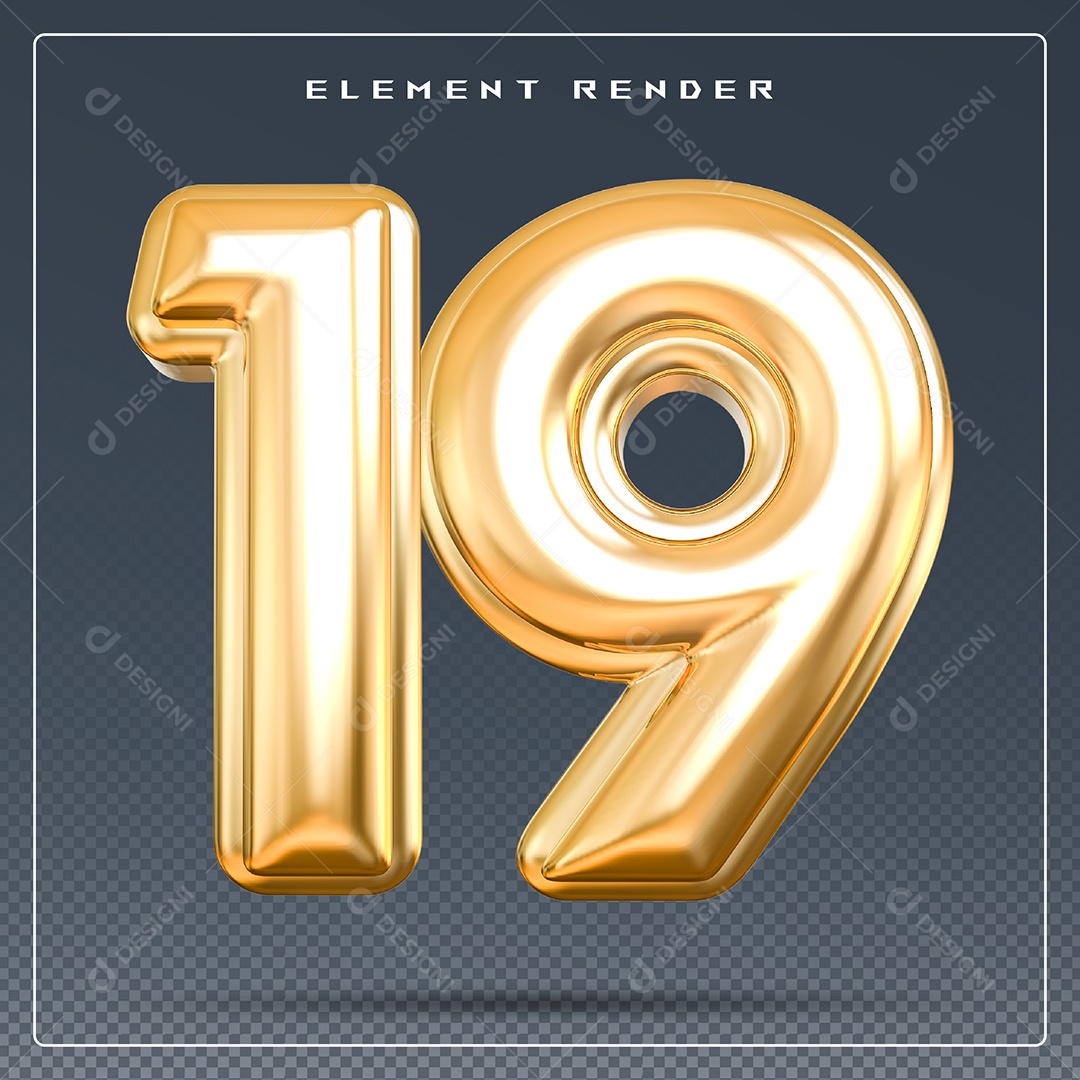 Elemento 3D Número 19 Dourado para Composição PSD