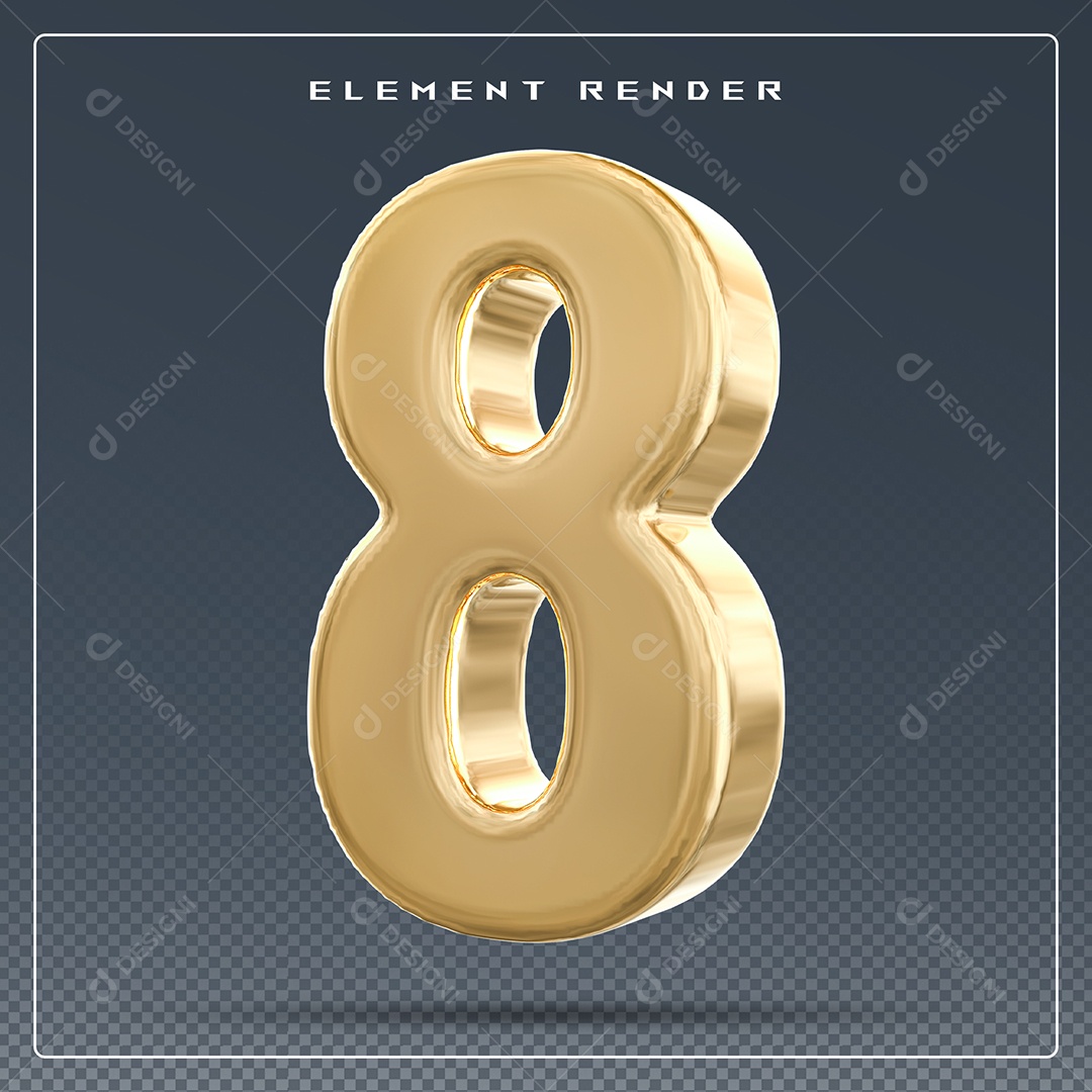 Elemento 3D Número 8 Dourado para Composição PSD