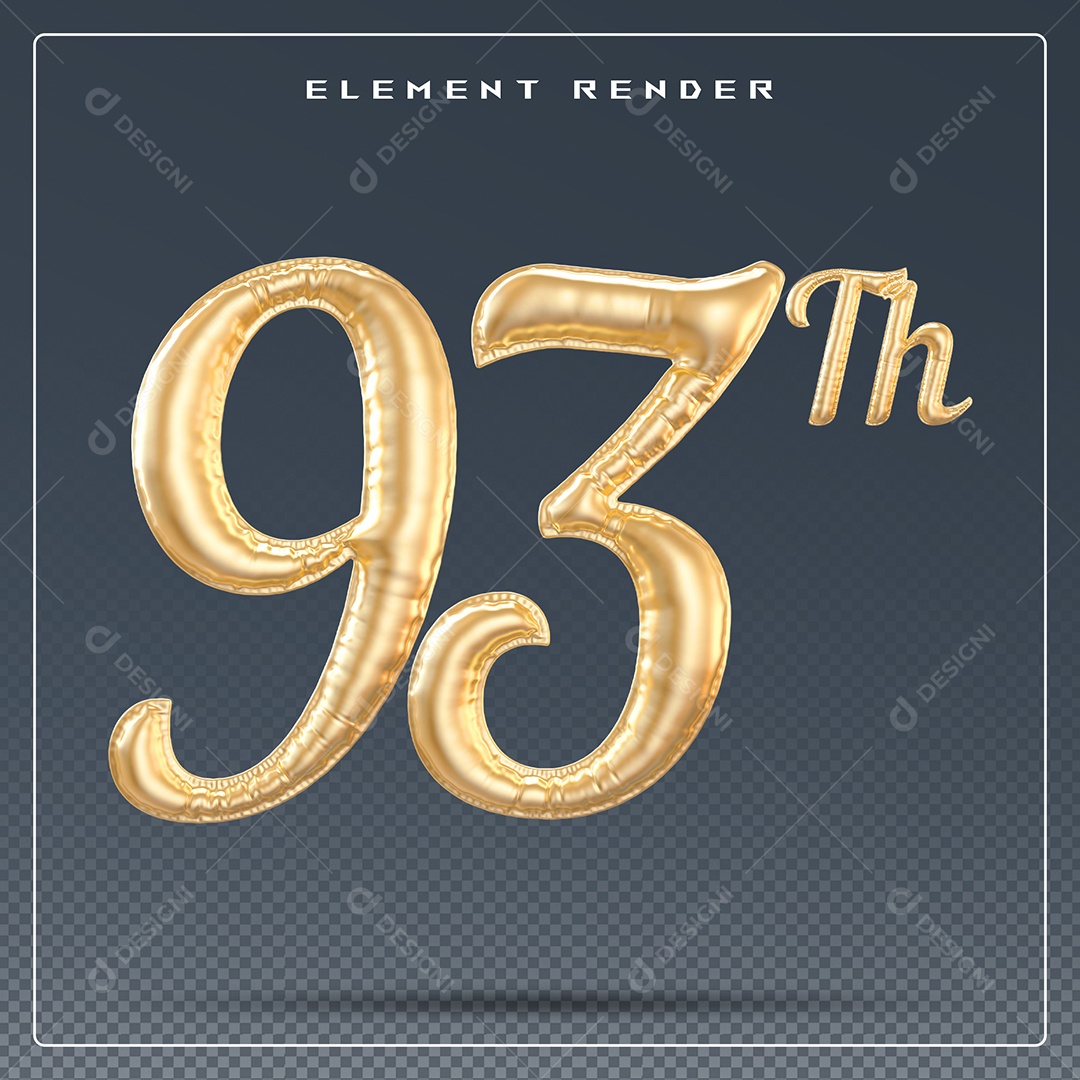 Elemento 3D Número 93 Th Dourado para Composição PSD