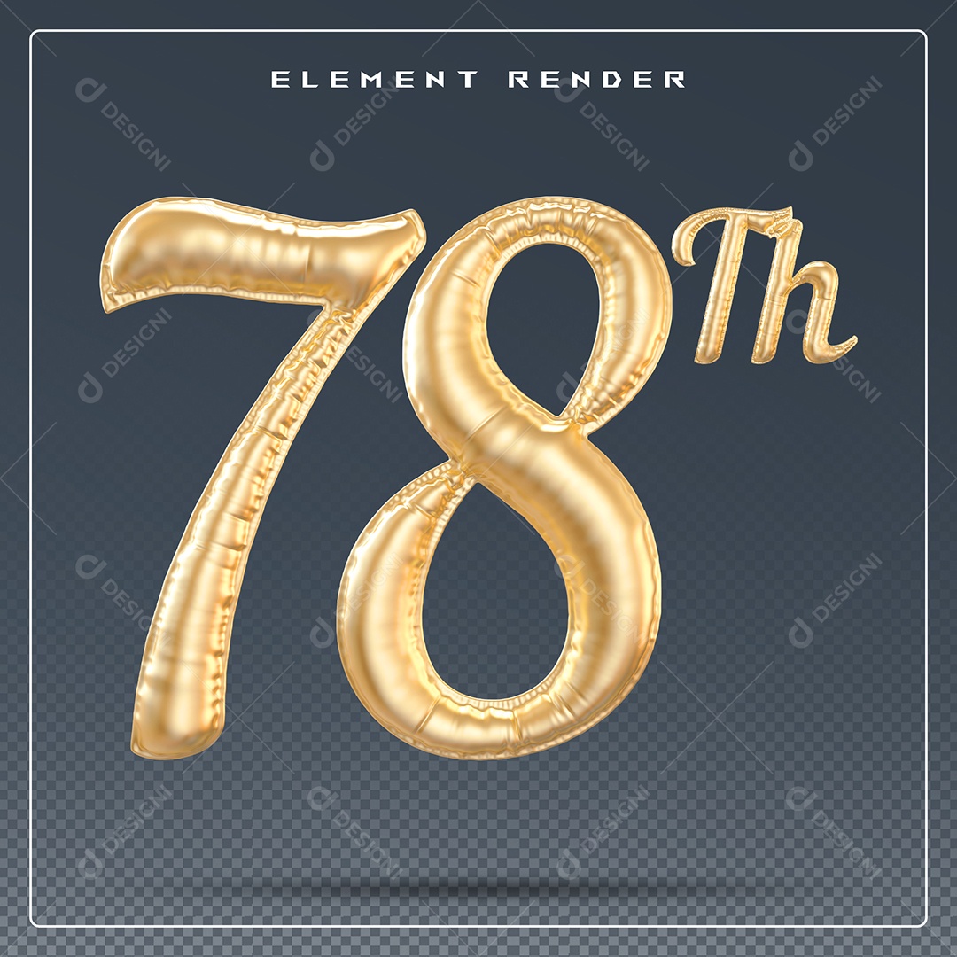 Elemento 3D Número 78 Th Dourado para Composição PSD