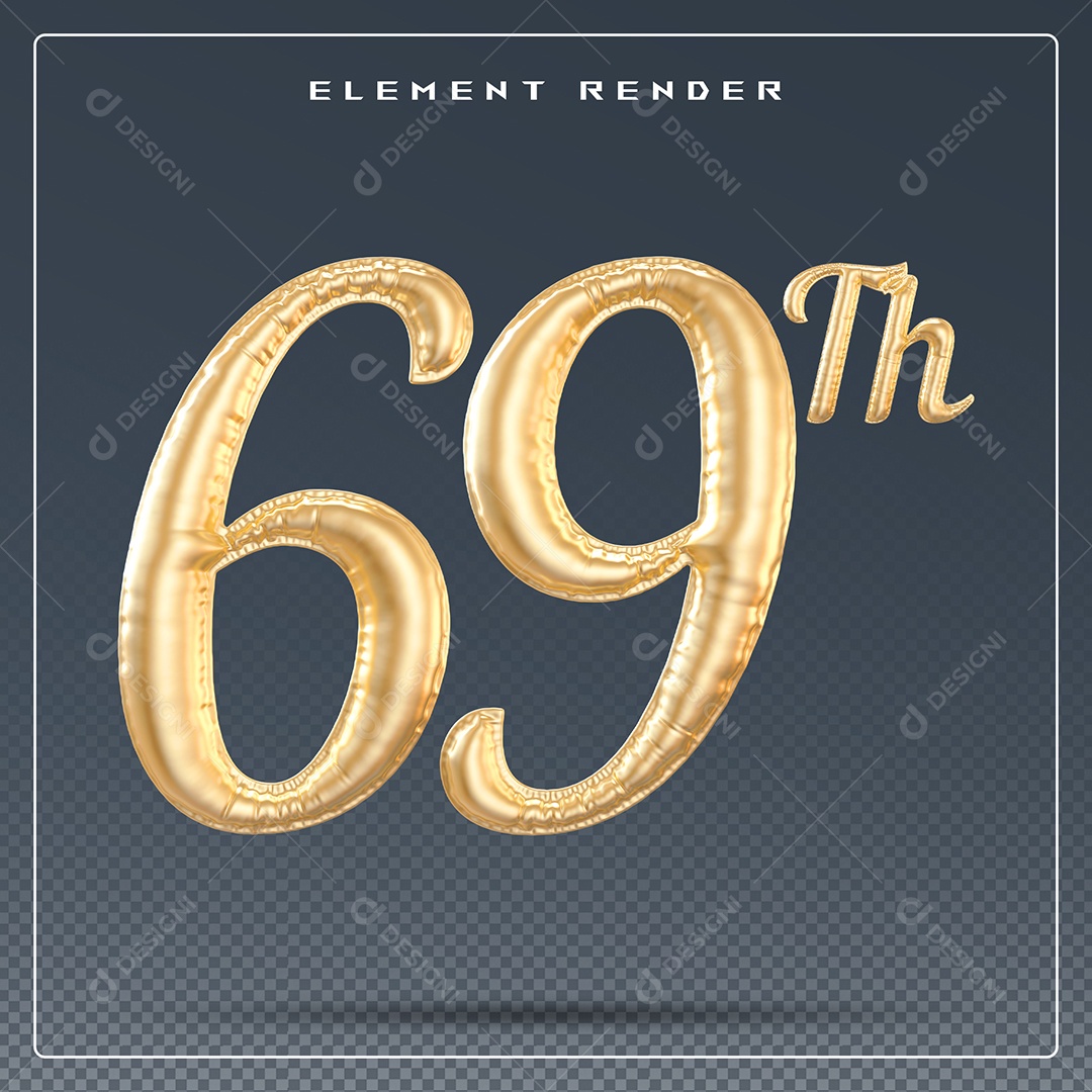 Elemento 3D Número 69 Th Dourado para Composição PSD