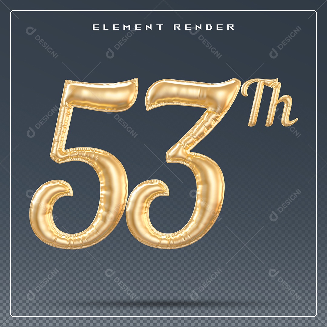 Elemento 3D Número 53 Th Dourado para Composição PSD