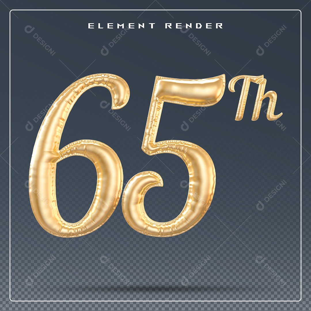 Elemento 3D Número 65 Th Dourado para Composição PSD