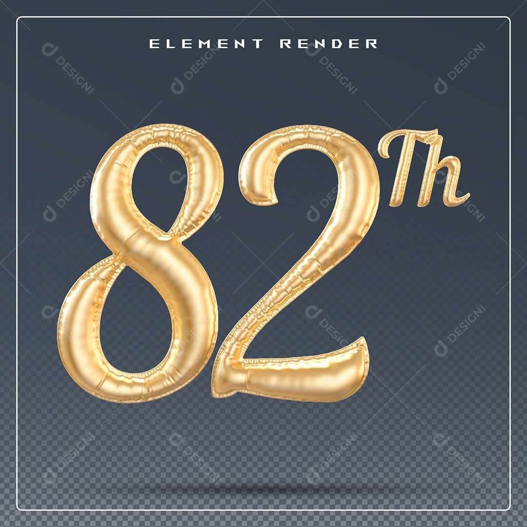 Elemento 3D Número 82 Th Dourado para Composição PSD