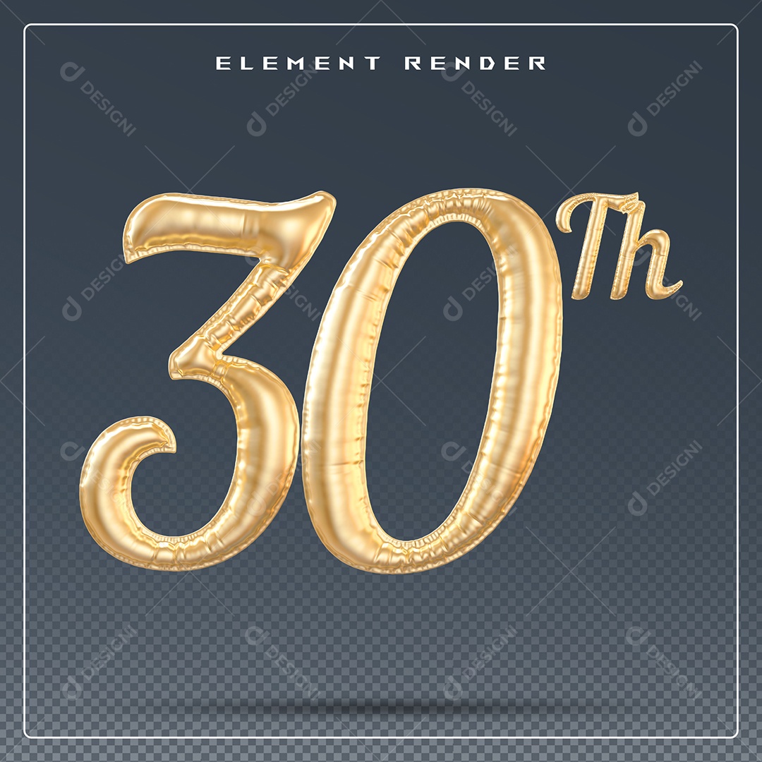 Elemento 3D Número 30 Th Dourado para Composição PSD