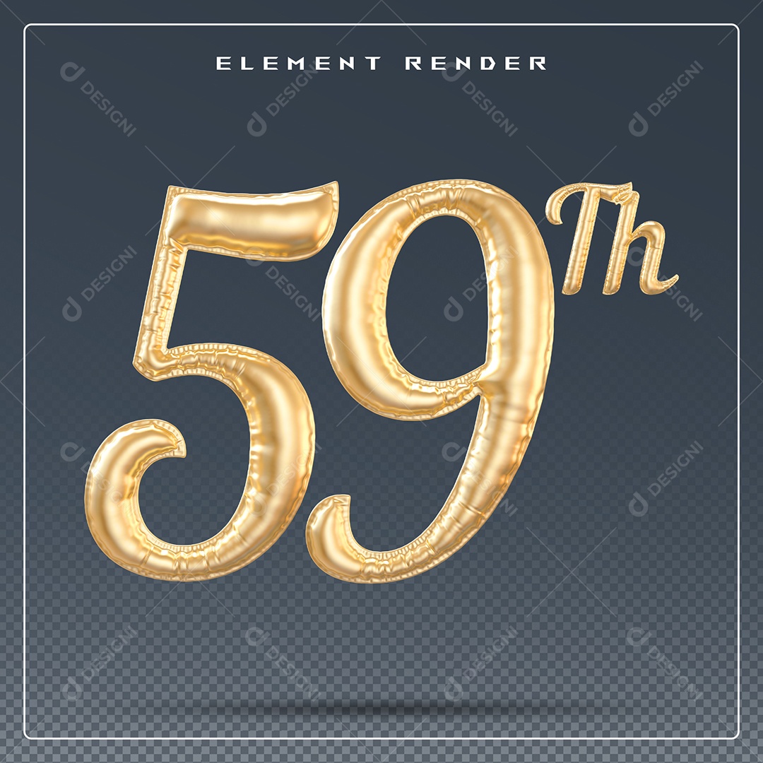 Elemento 3D Número 59 Th Dourado para Composição PSD