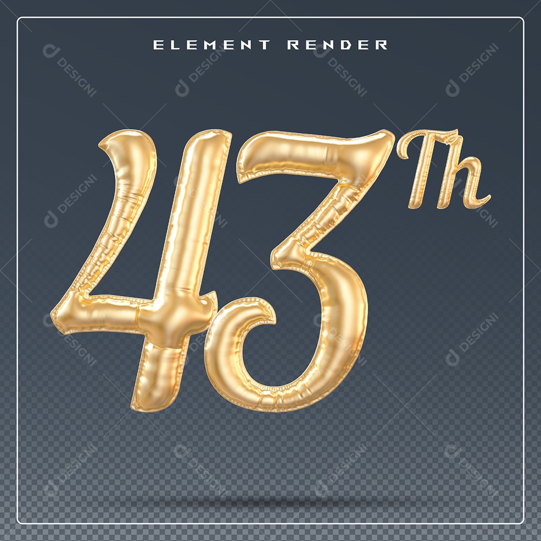 Elemento 3D Número 43 Th Dourado para Composição PSD