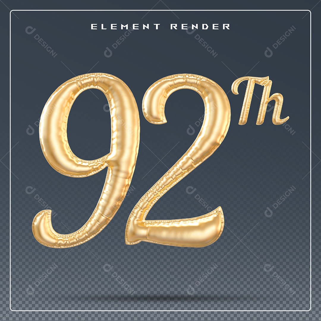 Elemento 3D Número 92 Th Dourado para Composição PSD