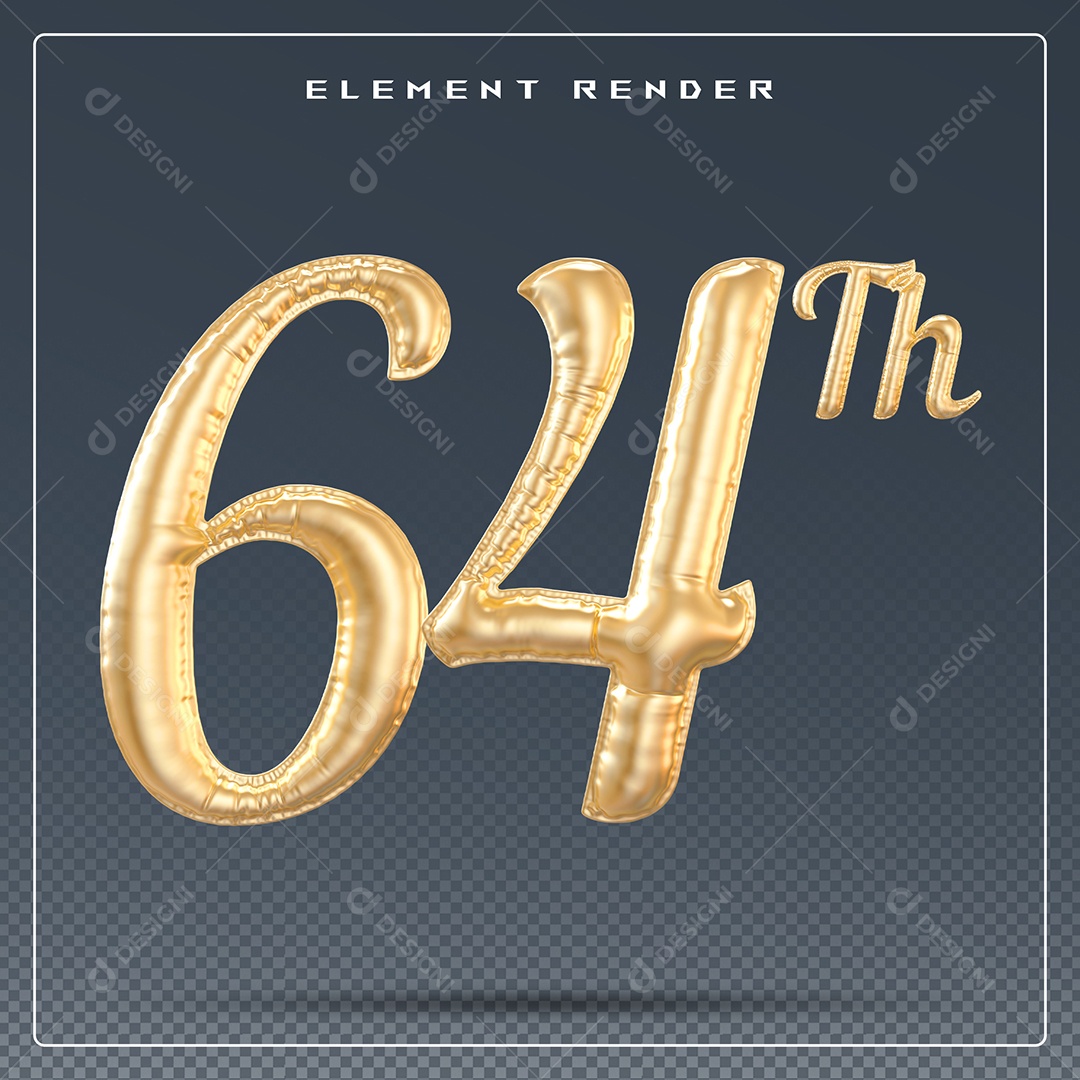 Elemento 3D Número 64Th Dourado para Composição PSD