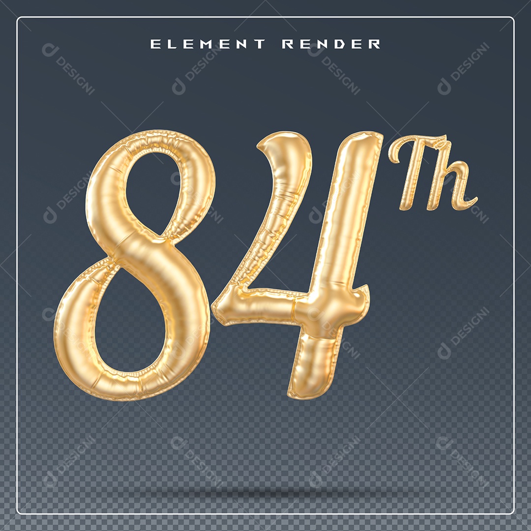 Elemento 3D Número 84 Th Dourado para Composição PSD