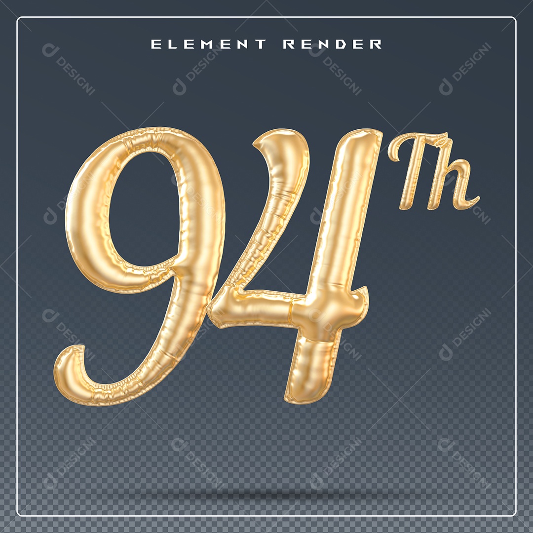Elemento 3D Número 94 Th Dourado para Composição PSD