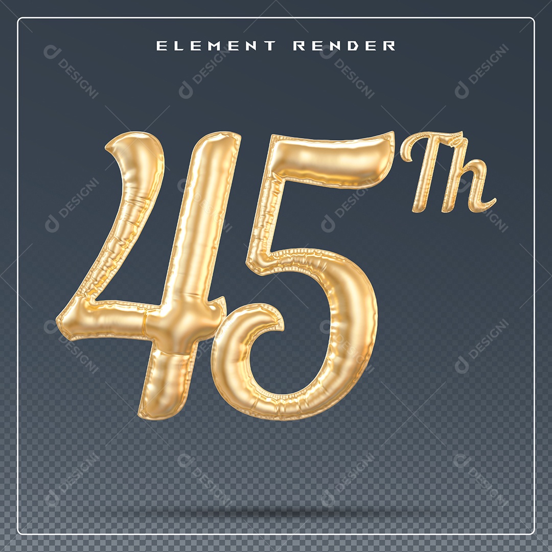 Elemento 3D Número 45 Th Dourado para Composição PSD