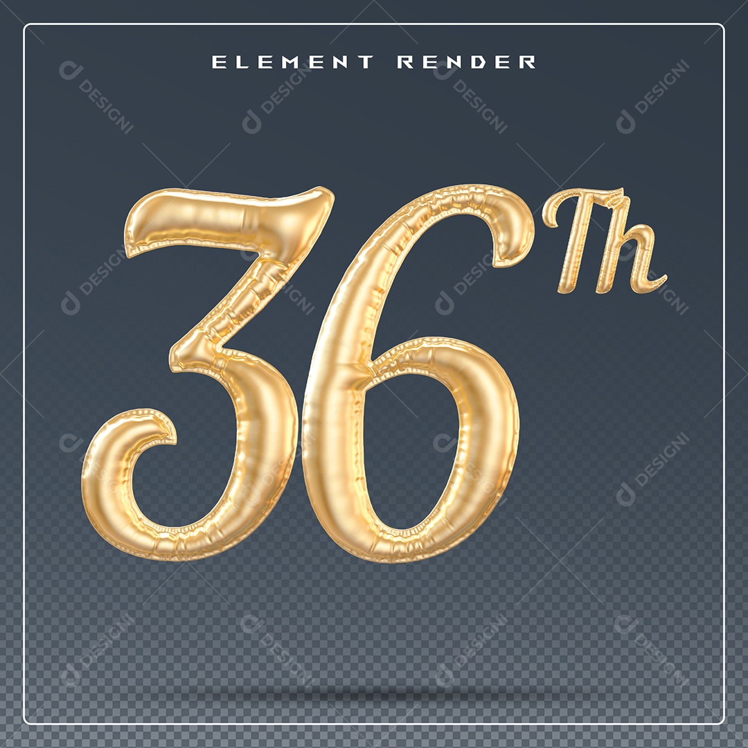 Elemento 3D Número 36 Th Dourado para Composição PSD