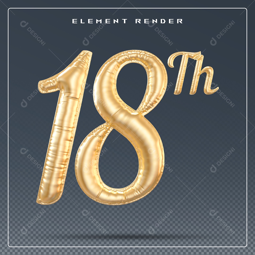 Elemento 3D Número 18 Th Dourado para Composição PSD
