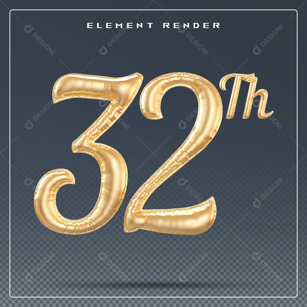 Elemento 3D Número 32 Th Dourado para Composição PSD