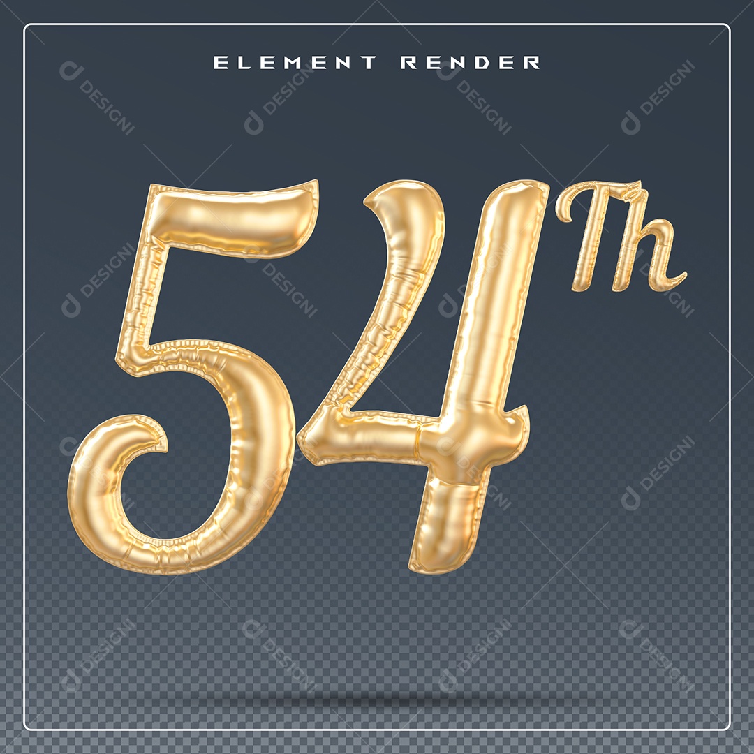 Elemento 3D Número 54 Th Dourado para Composição PSD