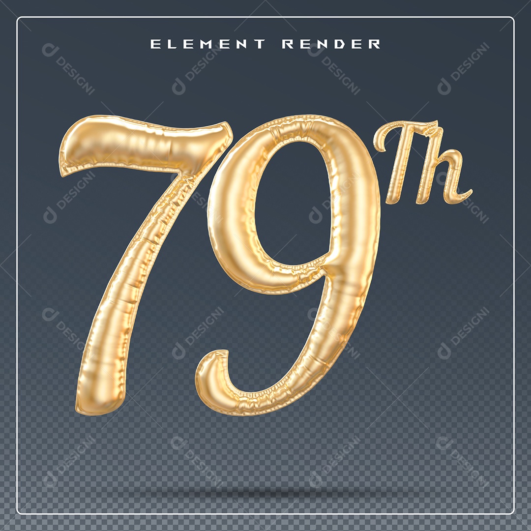 Elemento 3D Número 79 Th Dourado para Composição PSD