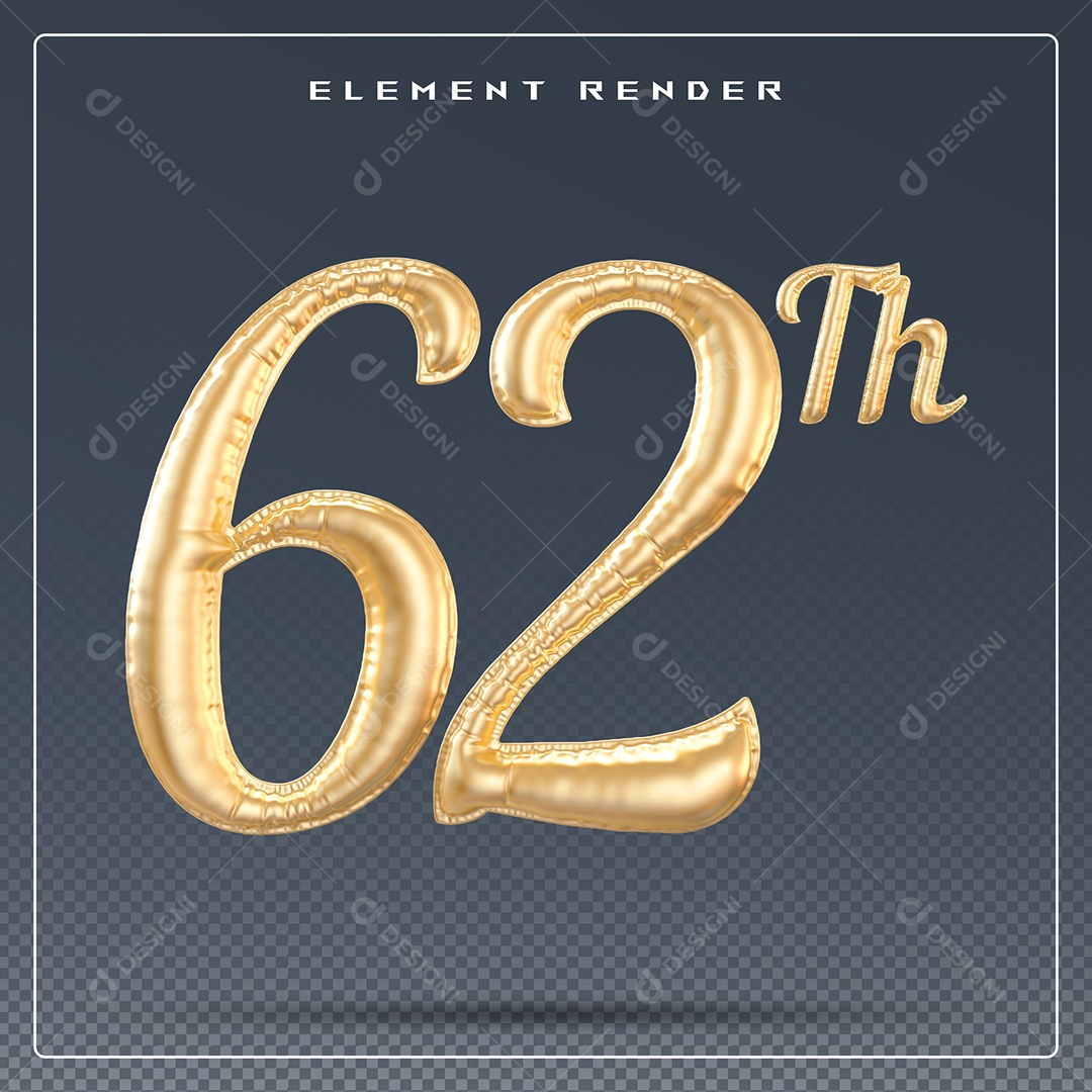 Elemento 3D Número 62 Th Dourado para Composição PSD