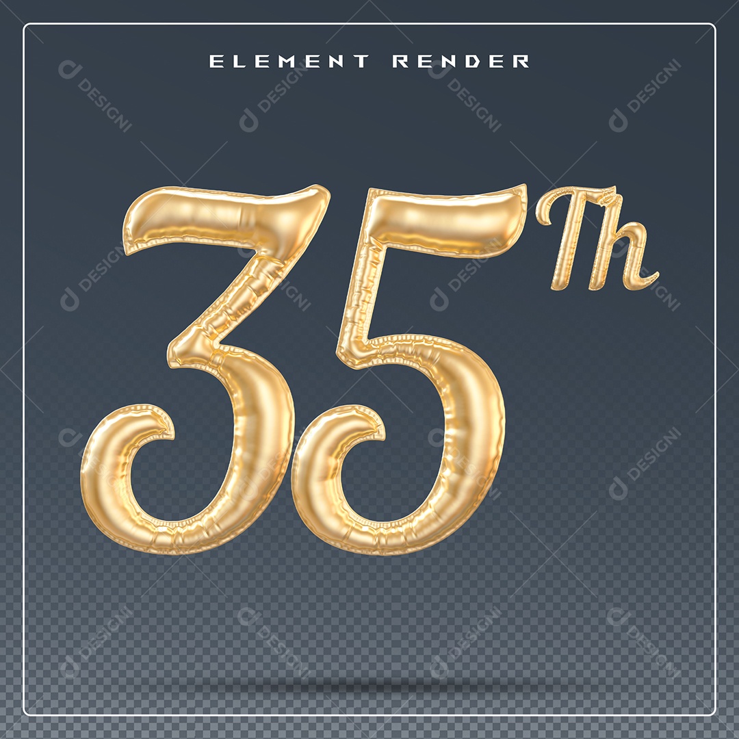Elemento 3D Número 35 Th Dourado para Composição PSD