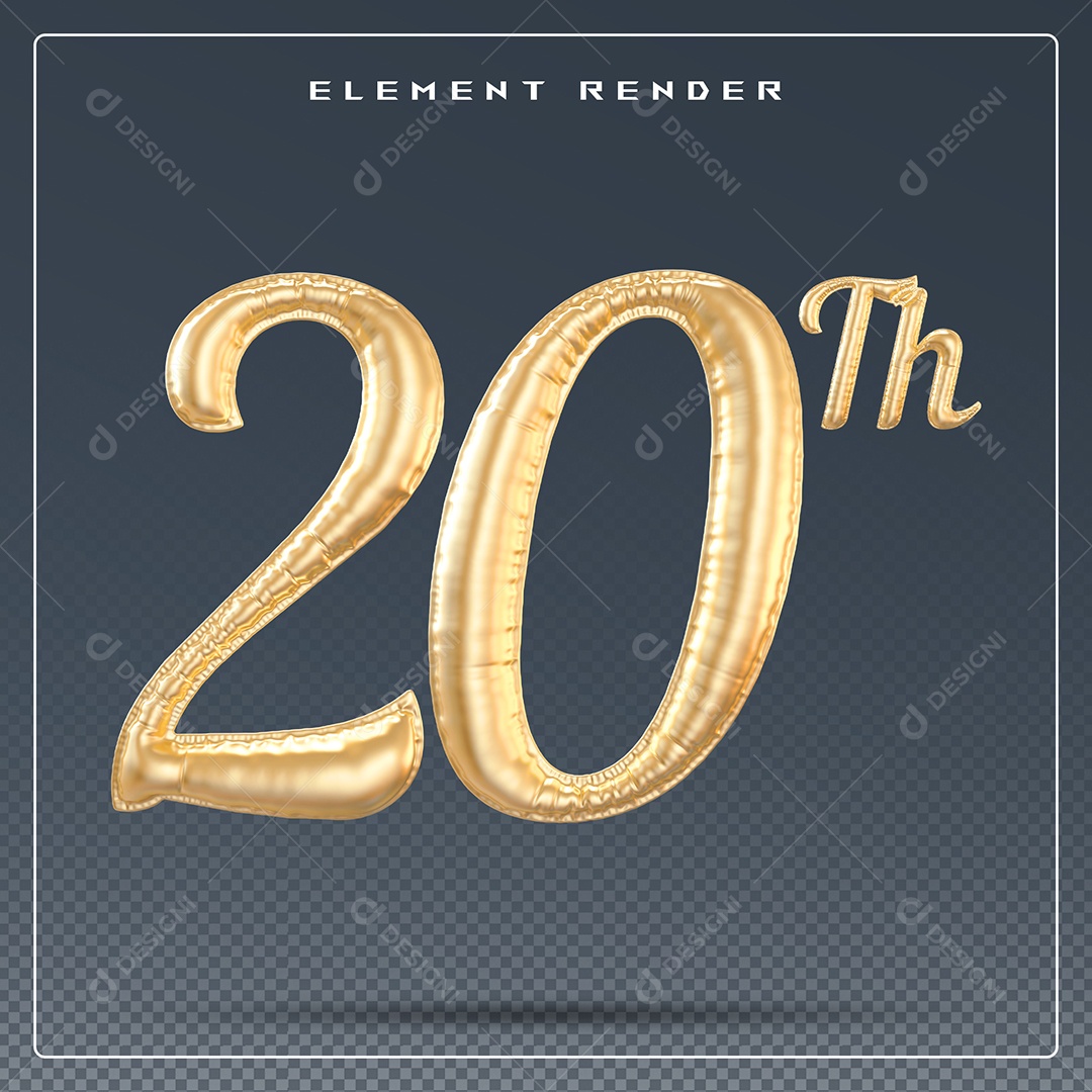 Elemento 3D Número 20 Th Dourado para Composição PSD