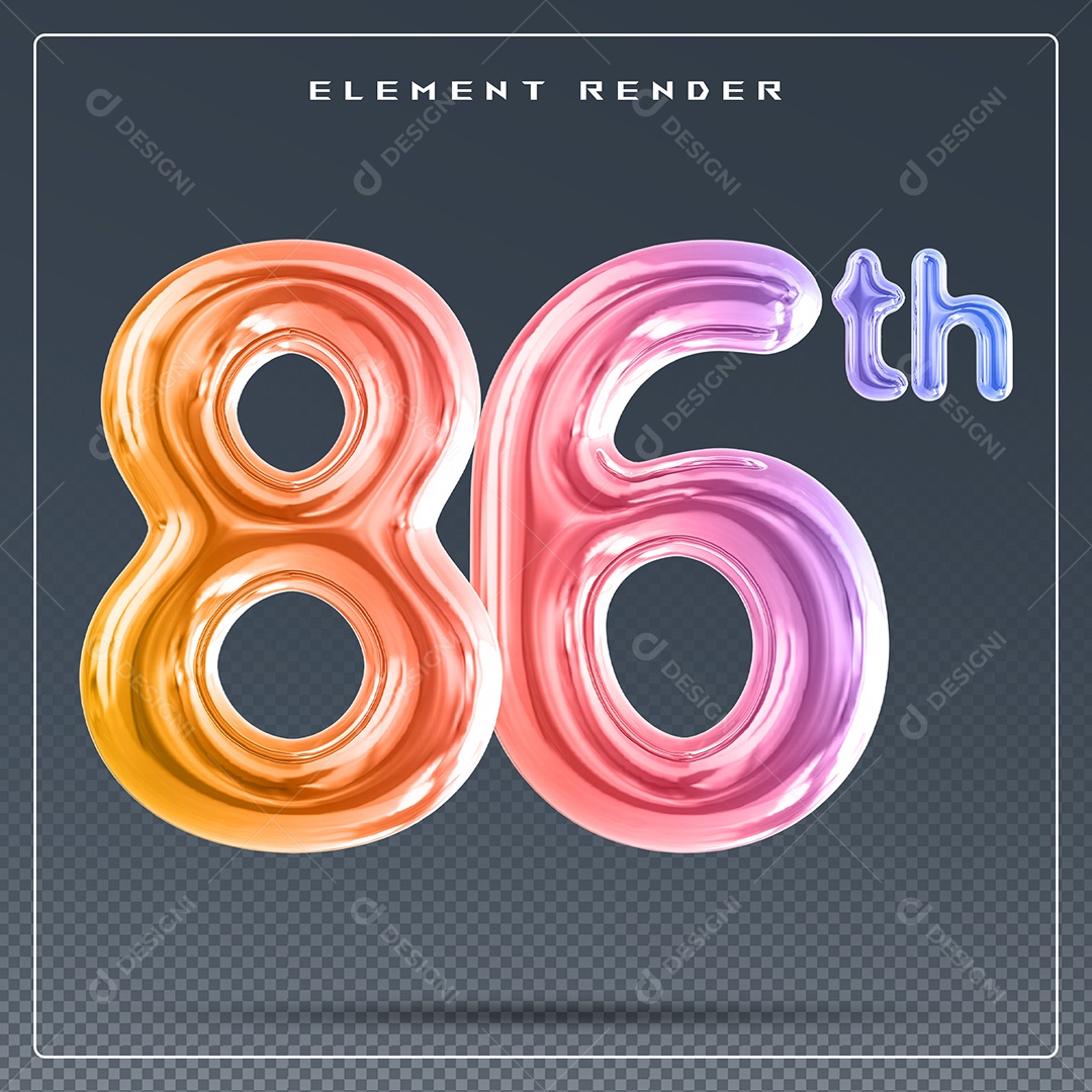 Elemento 3D Número 86 Th Colorido para Composição PSD