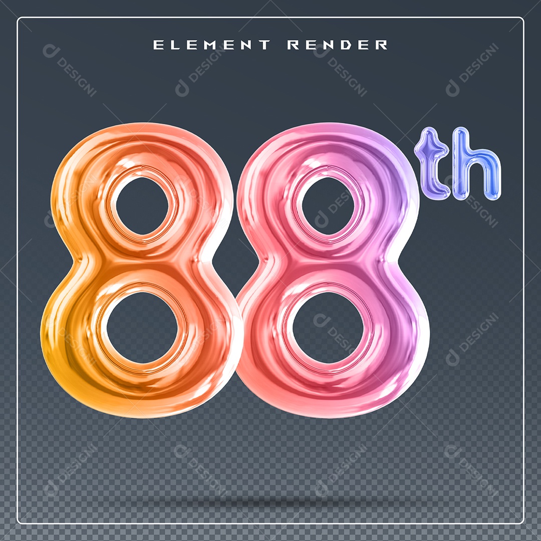 Elemento 3D Número 88 Th Colorido para Composição PSD