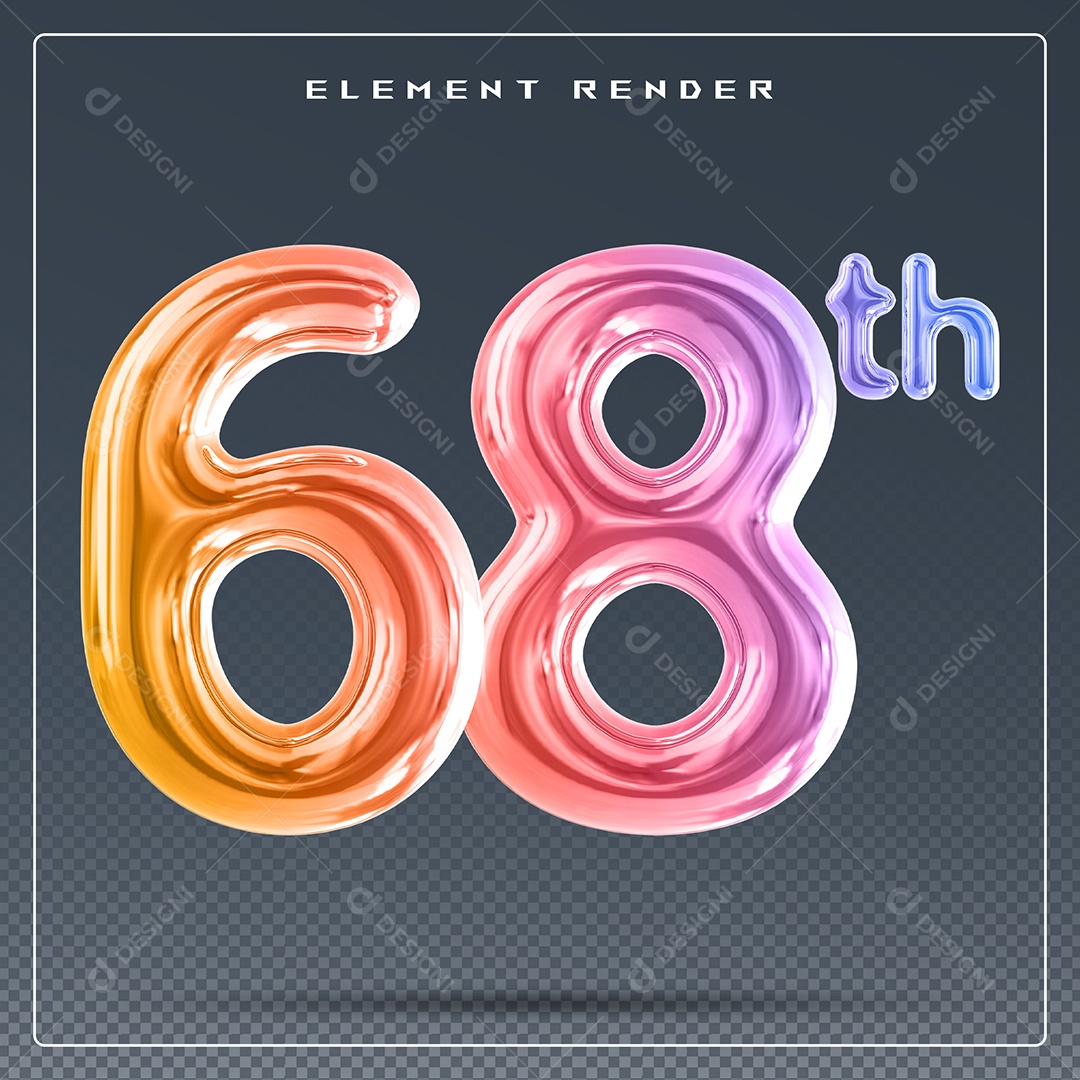 Elemento 3D Número 68 Th Colorido para Composição PSD