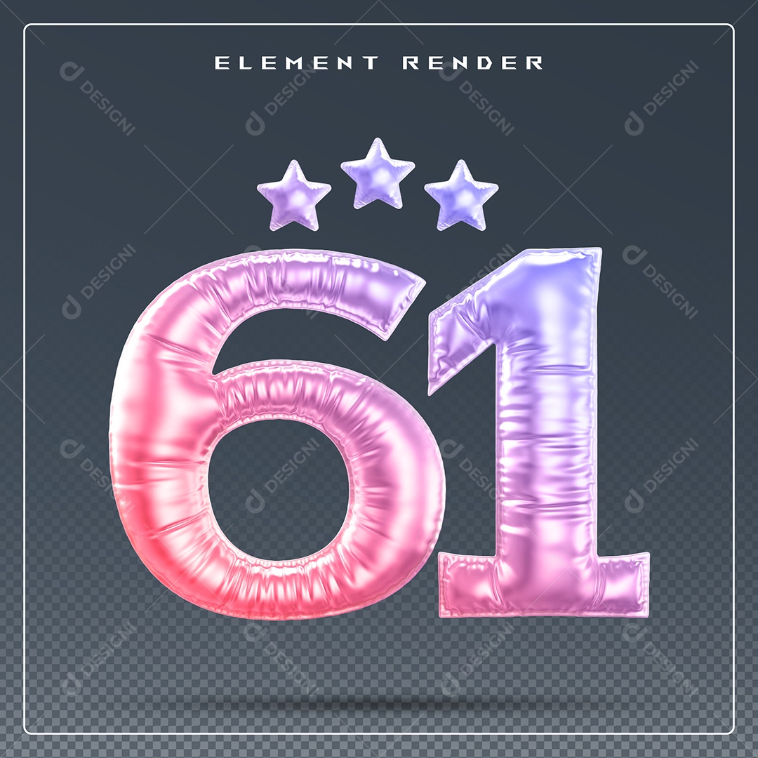 Elemento 3D Número 61 Colorido para Composição PSD